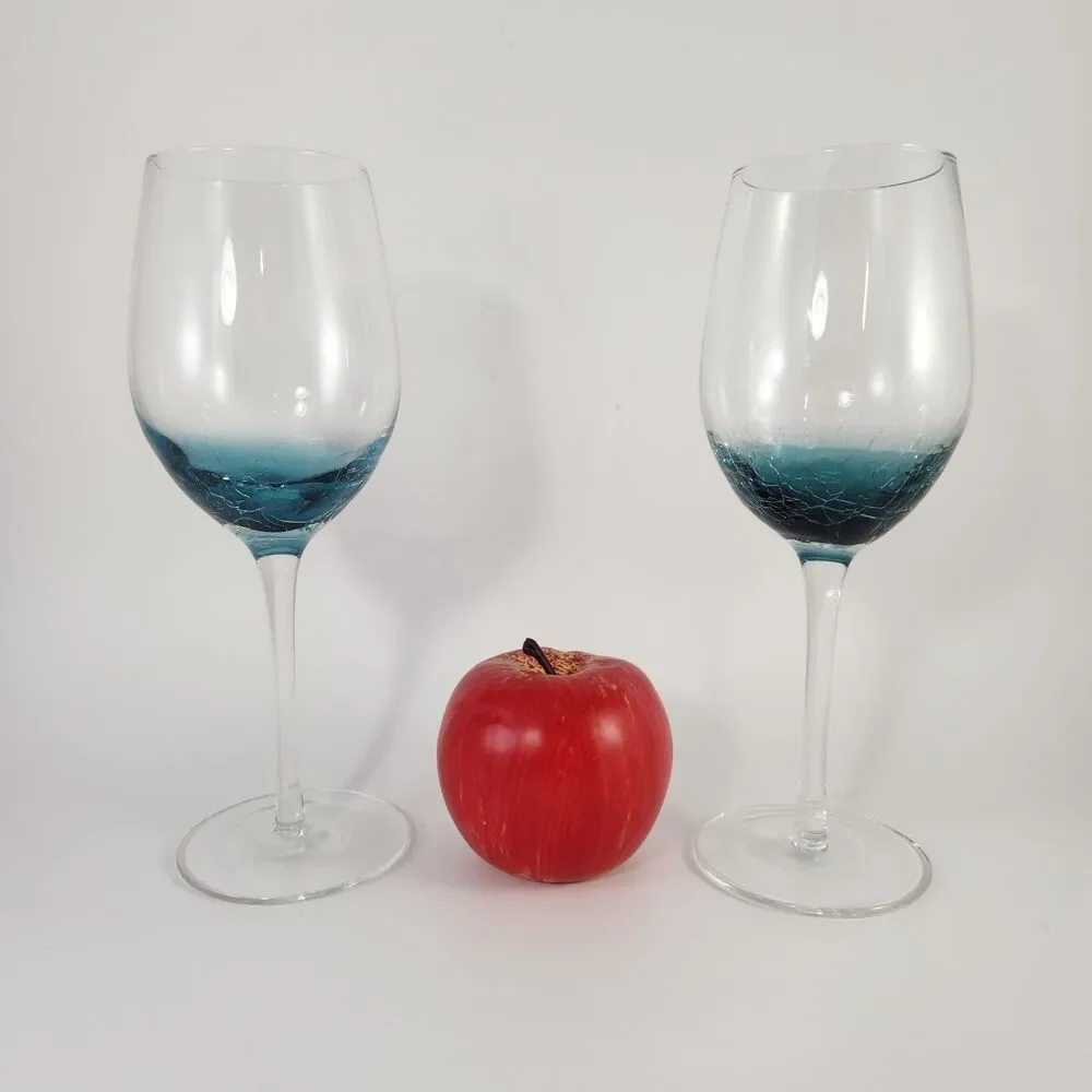 Pier 1 White Wine Glasses Set Of 2 Teal Blue Crackle Glass Wedding Toast